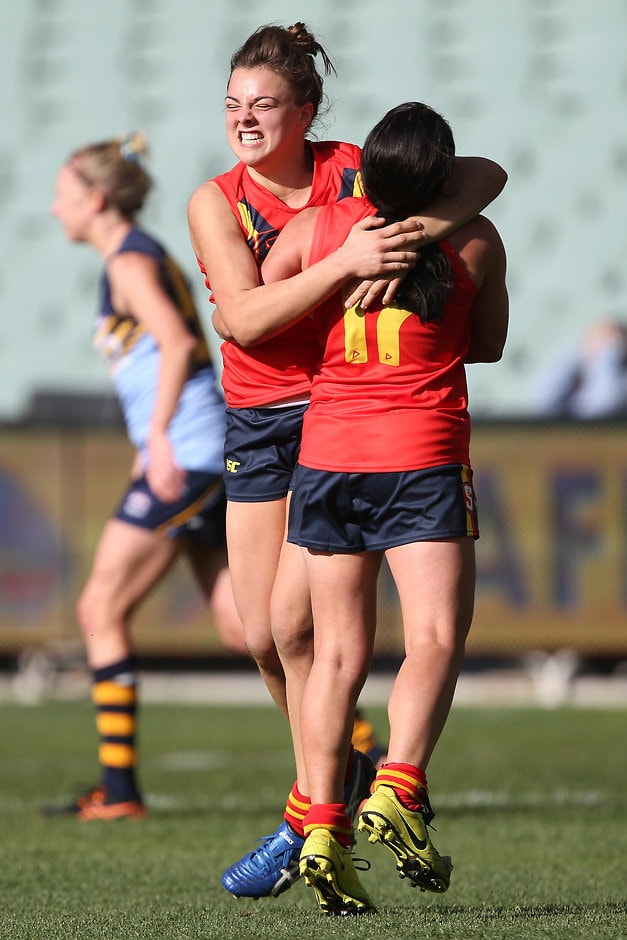 AFL 2016 Womens - South Australia v NSW ACT ADELAIDE, AUSTRALIA - JUNE 05: Ebony Marinoff and Kirsty Degabriele of SA celebrate a goal during the 2016 AFL Womens match between South Australia and NSW ACT at the Adelaide Oval on June 05, 2016 in Adelaide, Australia. (Photo by James Elsby/AFL Media)